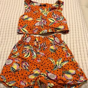 Women's High Waist Orange Tropical Print Shorts Set